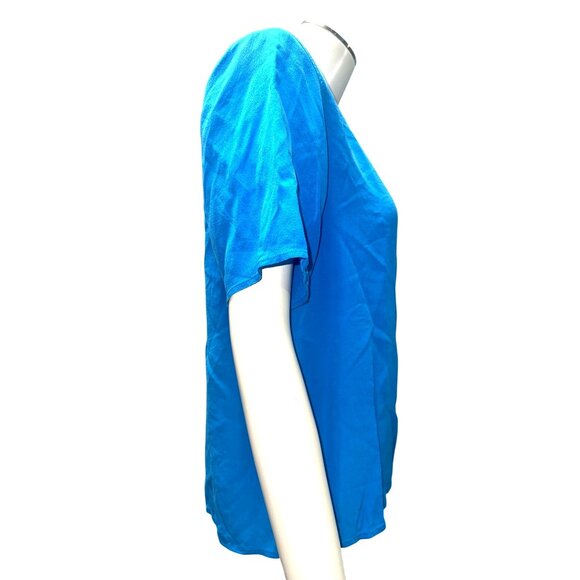 Tess Vintage M Cobalt Blue Silk Short Sleeve Blouse Minimalist Office Summer Top - Picture 3 of 9